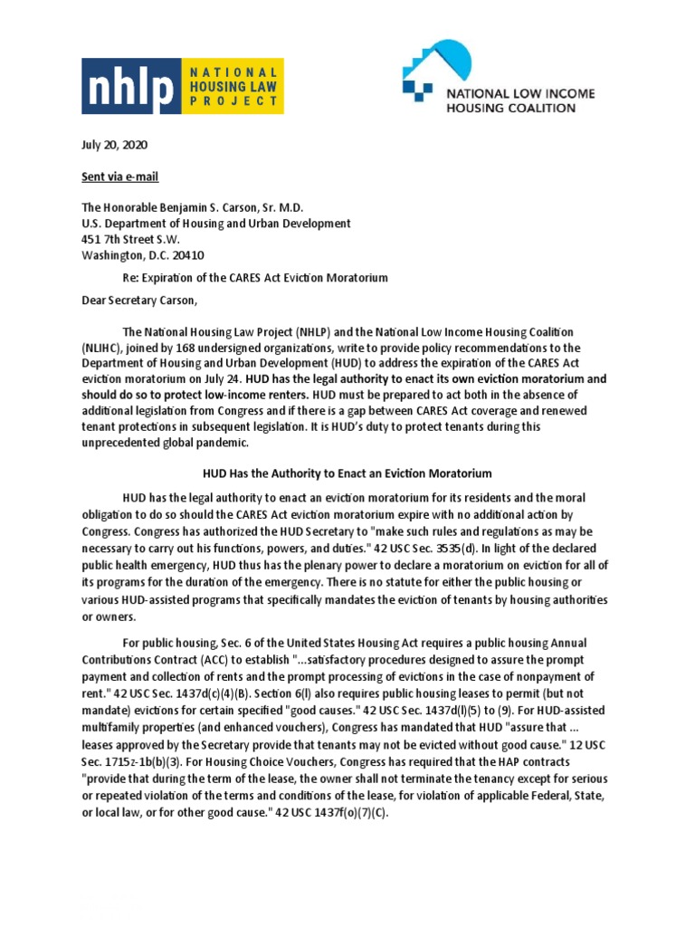NHLP Letter To HUD July 2020 | PDF | Eviction | Lease