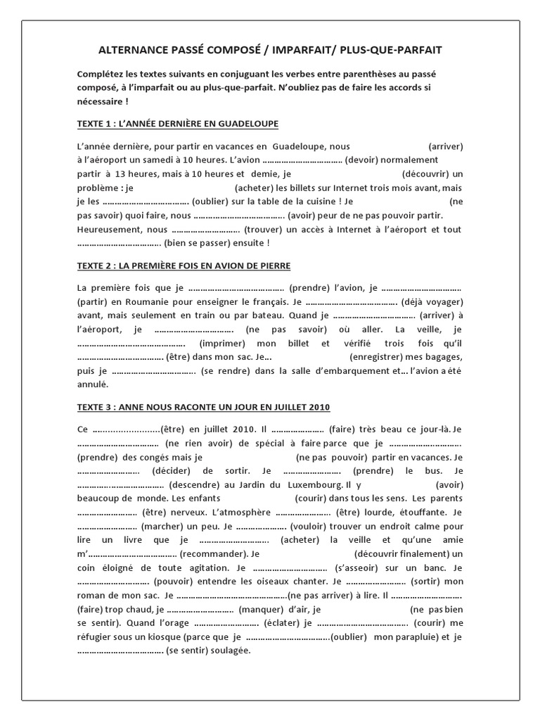 Exercice Plus Que Parfait Cm2 Pdf Alternance Passé Composé / Imparfait/ Plus-Que-Parfait | PDF