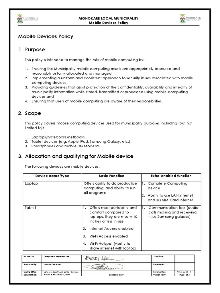 Mohokare Municipality Mobile Devices Policy | PDF | Mobile Computing ...