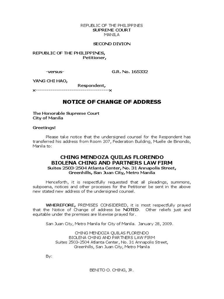 Notice of Change of Address - PP Vs Hao (Atty - Ching) | PDF