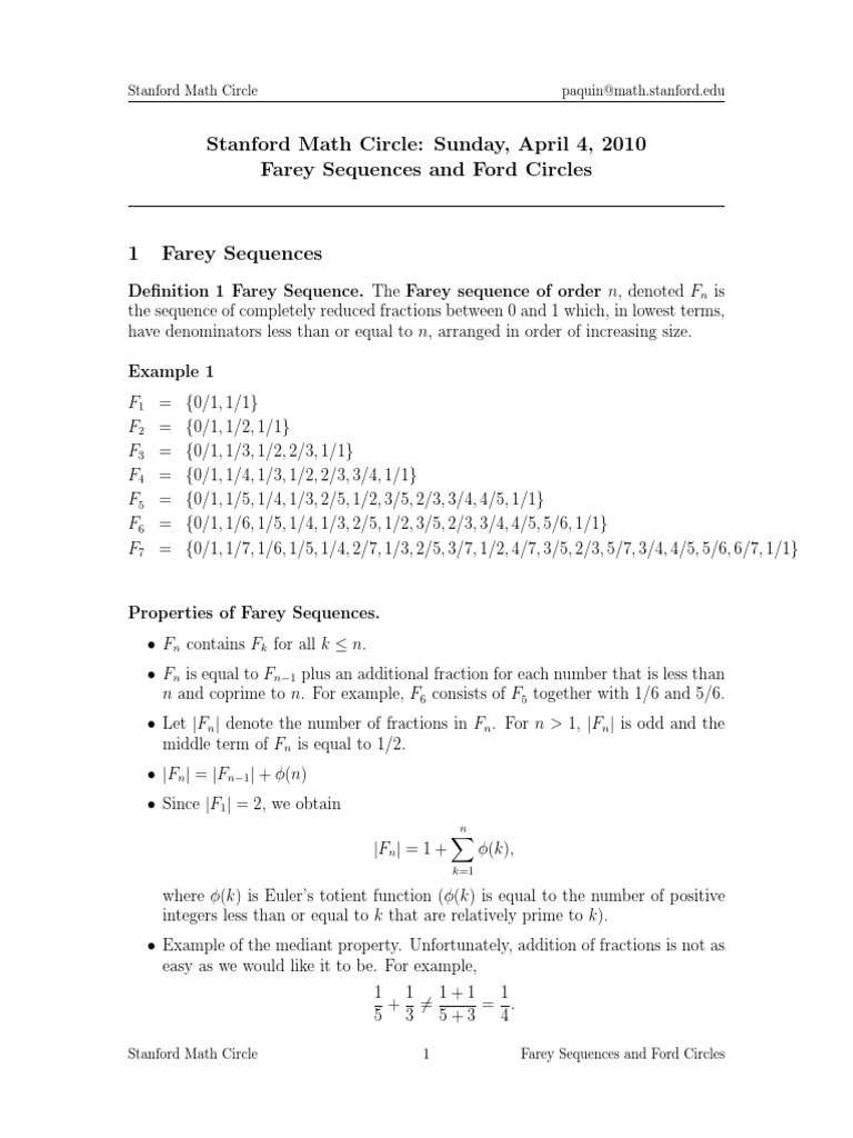Stanford Math Circle: Sunday, April 4, 2010 Farey Sequences and Ford ...