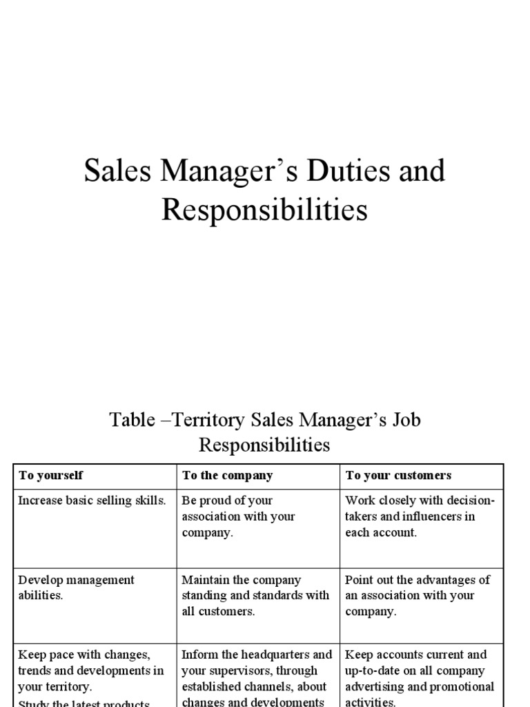 Sales Manager Duties and Responsibilities PDF Sales Customer