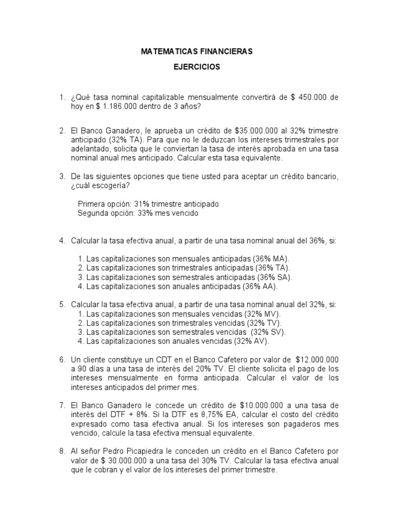 Ejercicios de Matemáticas Financieras | PDF | Finanzas y dinero