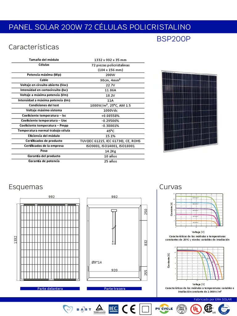 Ficha Técnica Panel Solar 200W Policristalino | PDF | Electromagnetismo ...