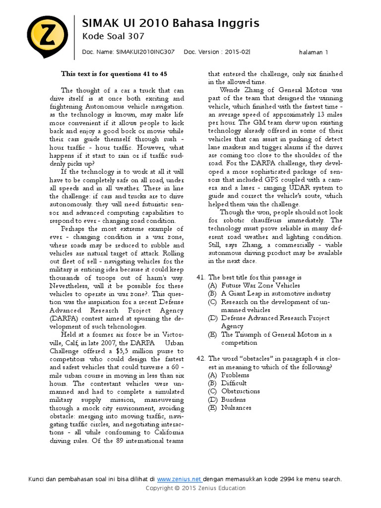 SIMAK UI 2010 Bahasa Inggris: Kode Soal 307 | PDF | Bumblebee | Flood