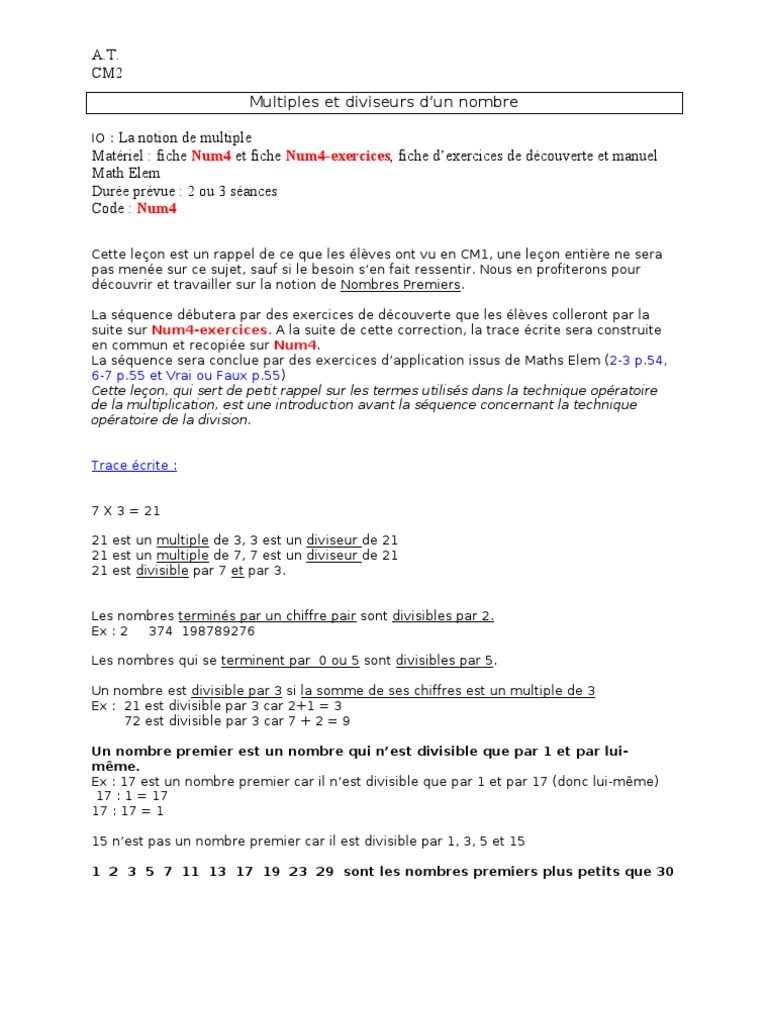 Multiples Et Diviseurs Cm2 Exercices à Imprimer Num4 Multiples Et Diviseurs | PDF