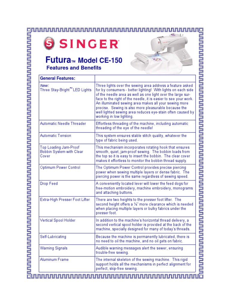 SINGER FUTURA CE150 Product Sheet PDF Sewing Sewing Machine