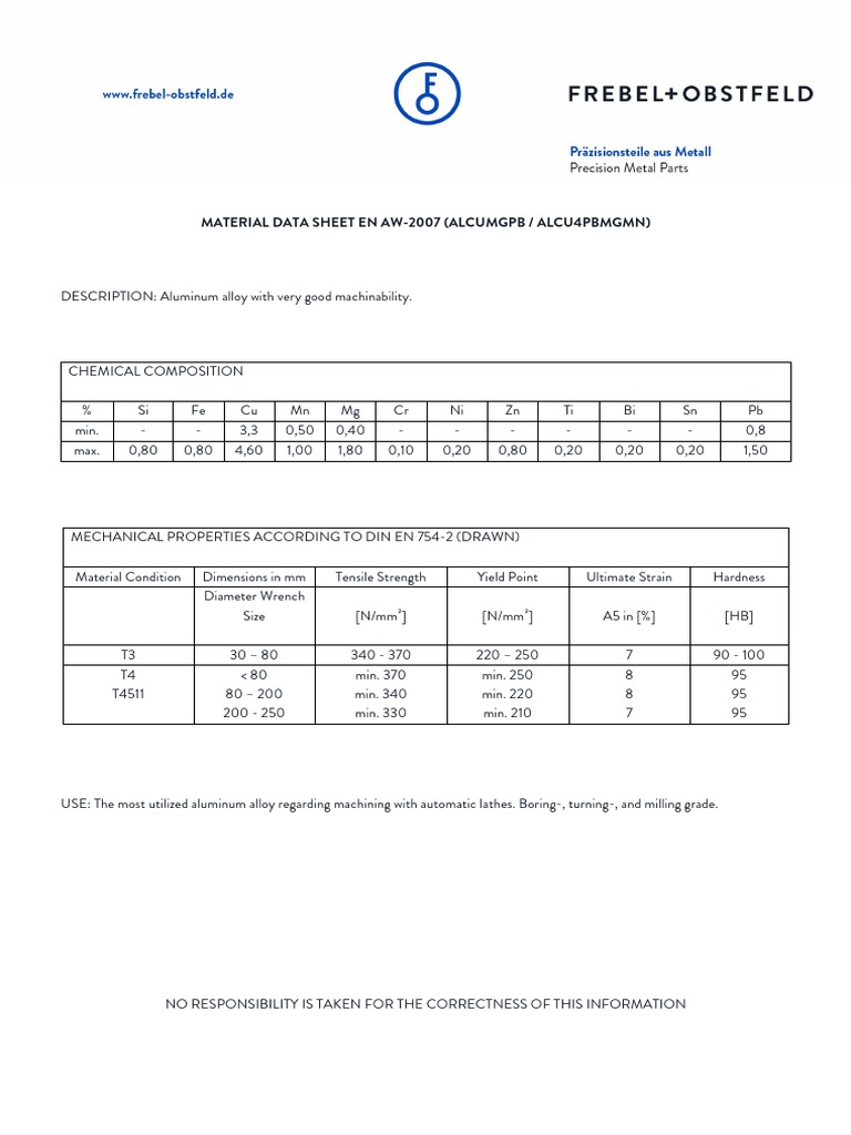 Aluminum Alloy EN AW-2007 Datasheet | PDF
