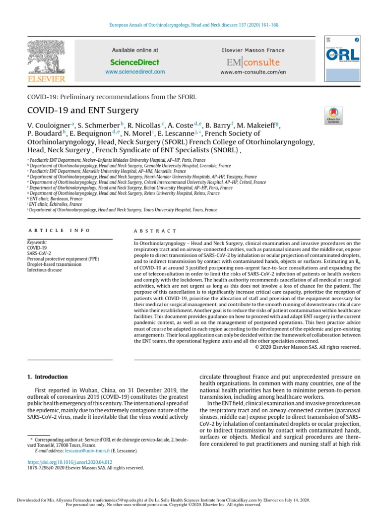 COVID 19 and ENT Surgery | PDF | Surgery | Transmission (Medicine)