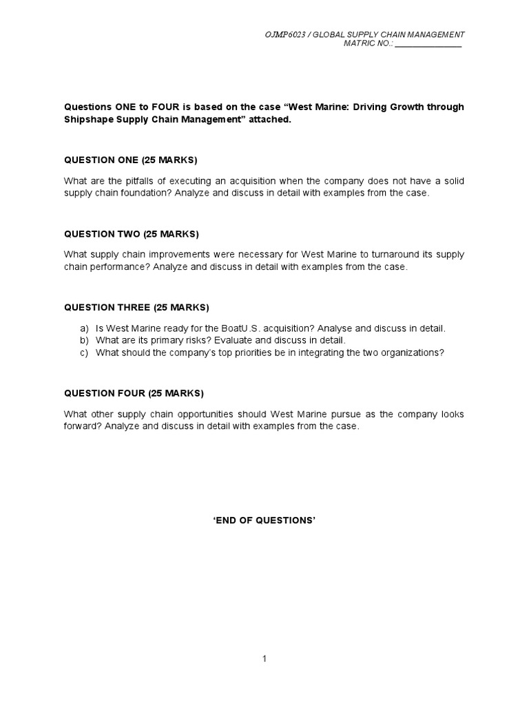 SUPPLY CHAIN Final Exam Questions PDF