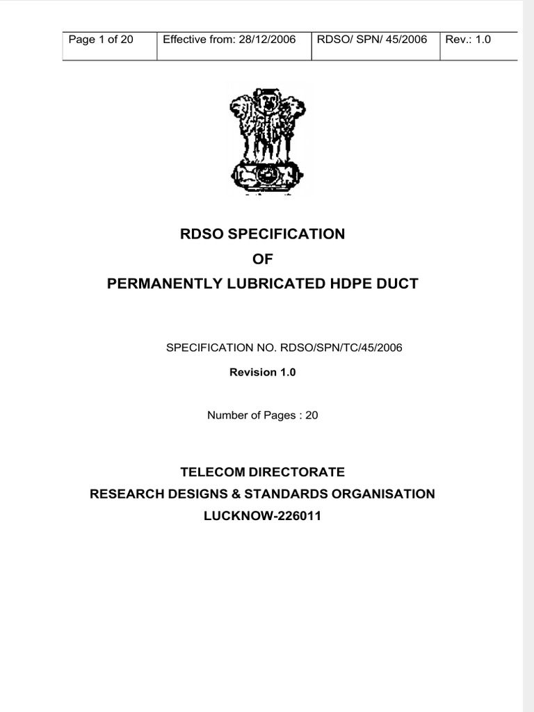 RDSO HDPE Duct Specification 2013 | PDF | Duct (Flow) | Optical Fiber