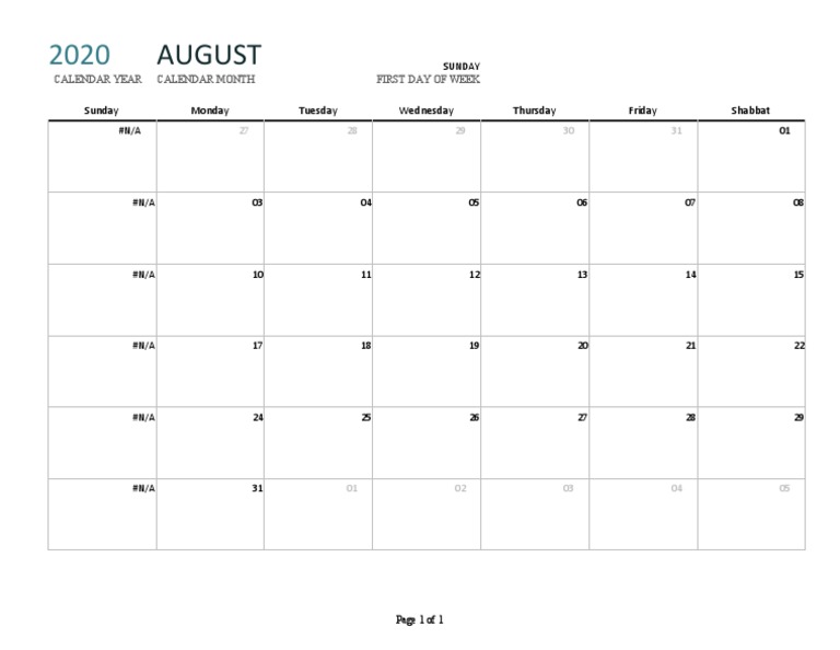 August 2020 Weekly Calendar | PDF