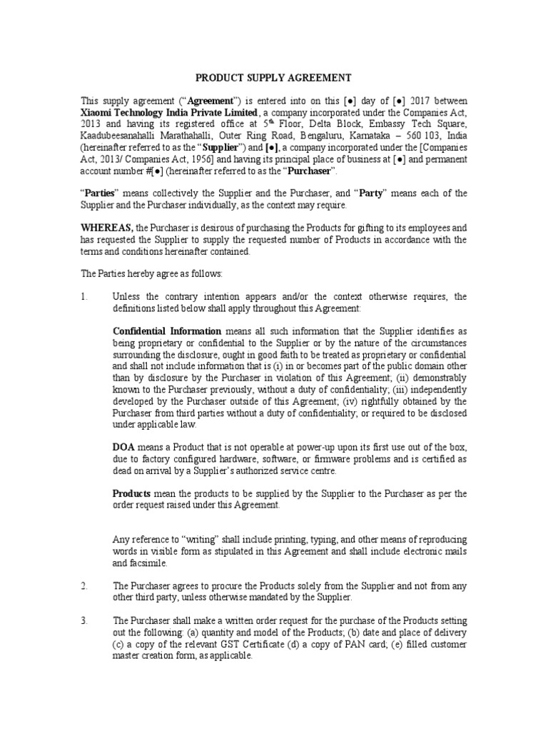 Product Supply Agreement Template | PDF | Breach Of Contract | Indemnity