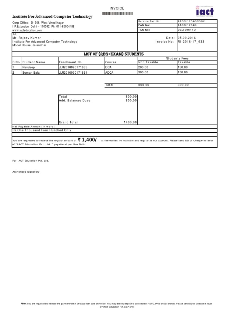 IACT Education Invoice for Services | PDF | Public Finance | Taxes