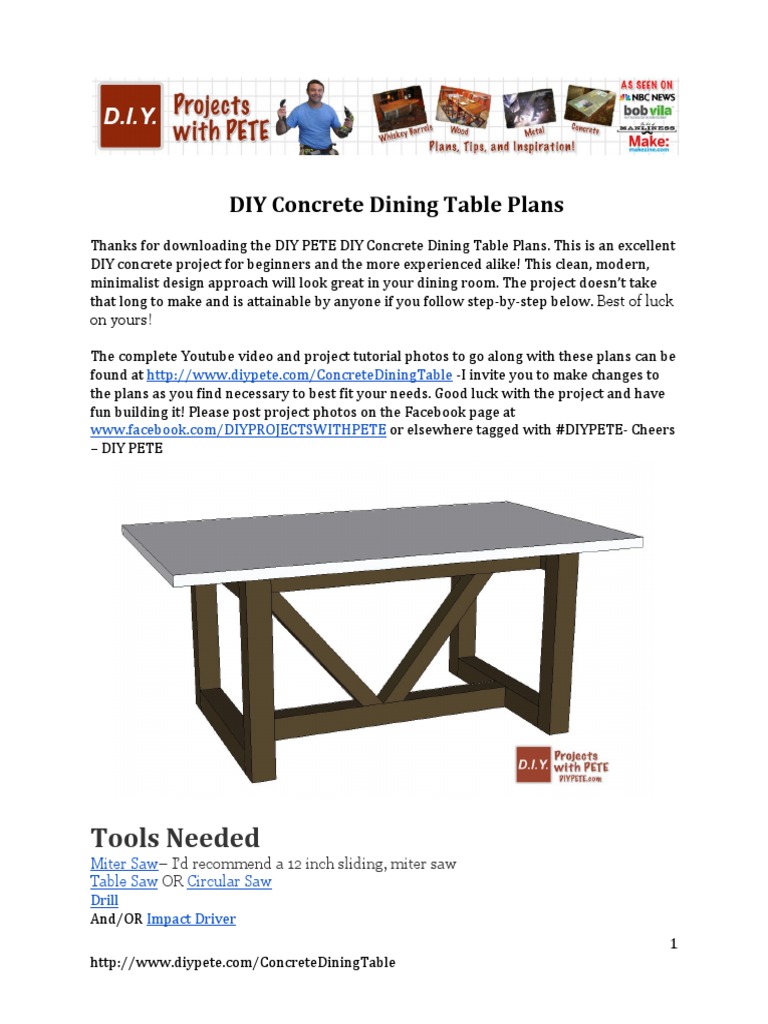 DIY Concrete Dining Table Plans Guide | PDF | Concrete | Screw