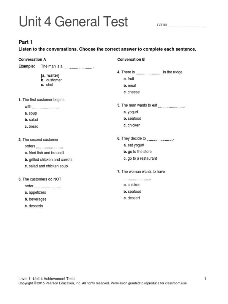 Top Notch 1 Unit 4 Assessment PDF PDF Salad Lunch