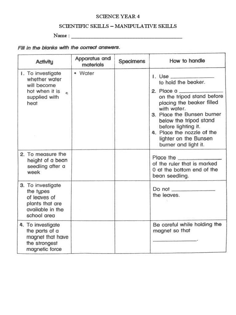 Year 4 Science: Manipulative Skills Guide | PDF