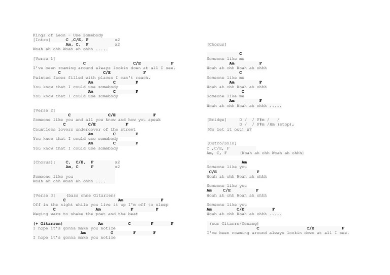 Kings of Leon Use Somebody PDF Song Structure Musical Forms