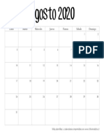 Calendario Agosto 2020 Imprimible PDF