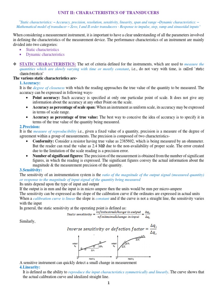 Unit Ii Characteristics of Transducers Static Characteristics