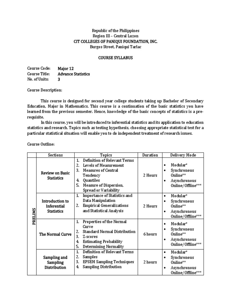 Advance Statistics Course Syllabus Pdf Normal Distribution Statistics
