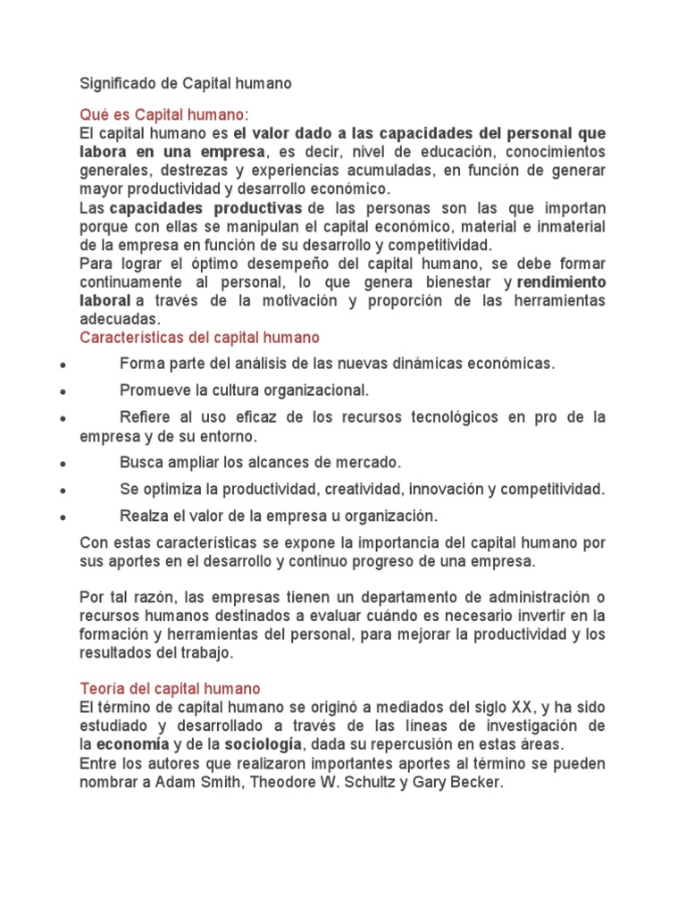 Significado de Capital Humano | PDF | Capital humano | Capital (economía)