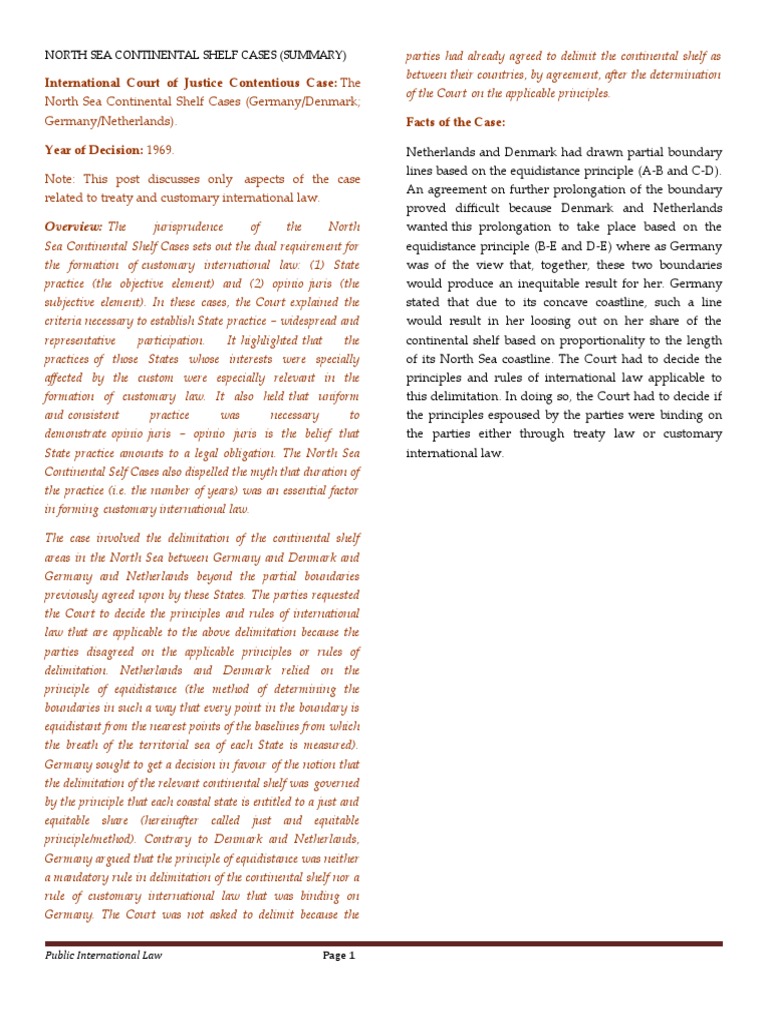 North Sea Continental Shelf Case Summary PDF Treaty International Law