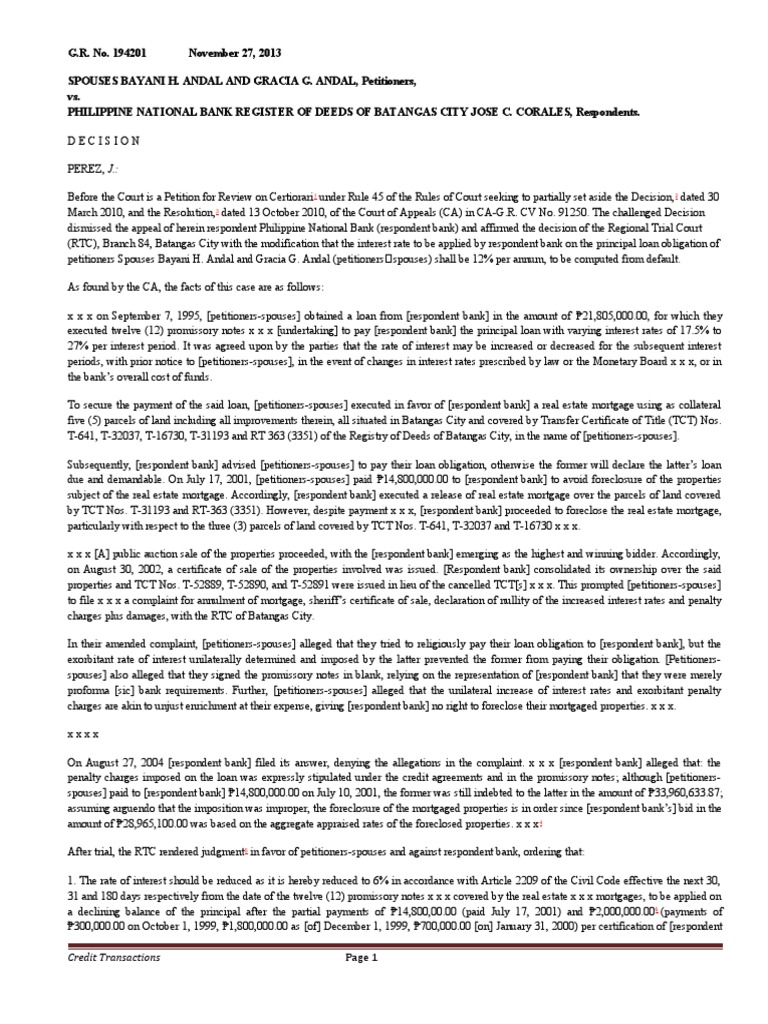 Sps andal v pnb gr no 194201 nov 27 2013 pdf foreclosure interest
