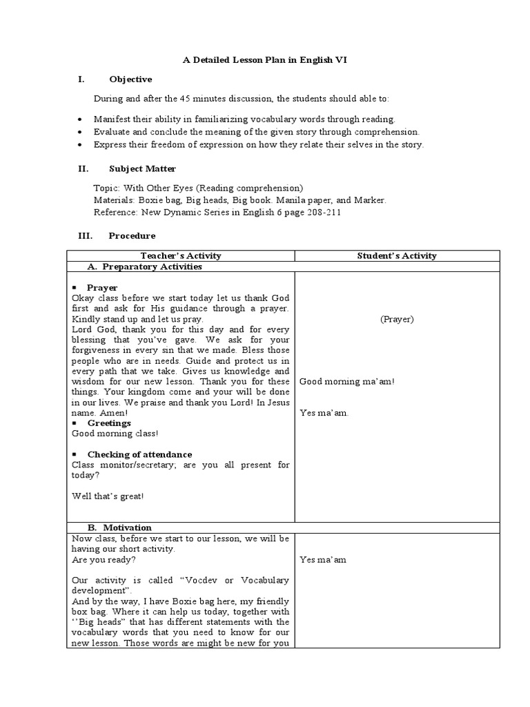 A Detailed Lesson Plan in English VI I. Objective | PDF | Prayer ...