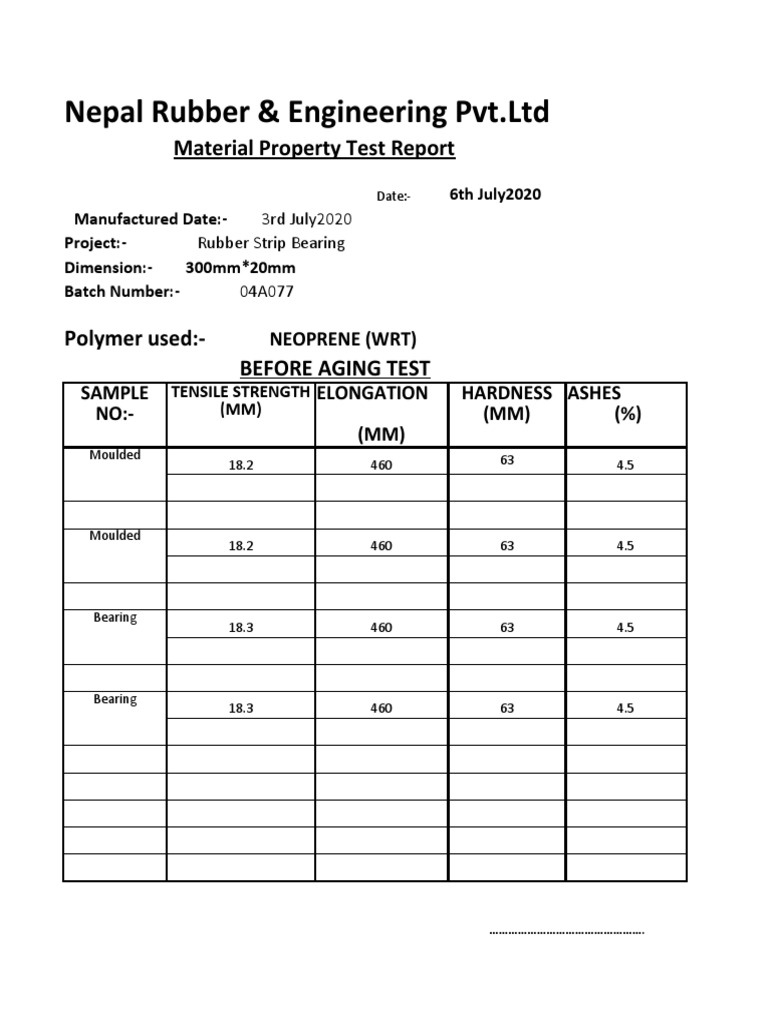 Nepal Rubber & Engineering PVT LTD Material Property Test Report