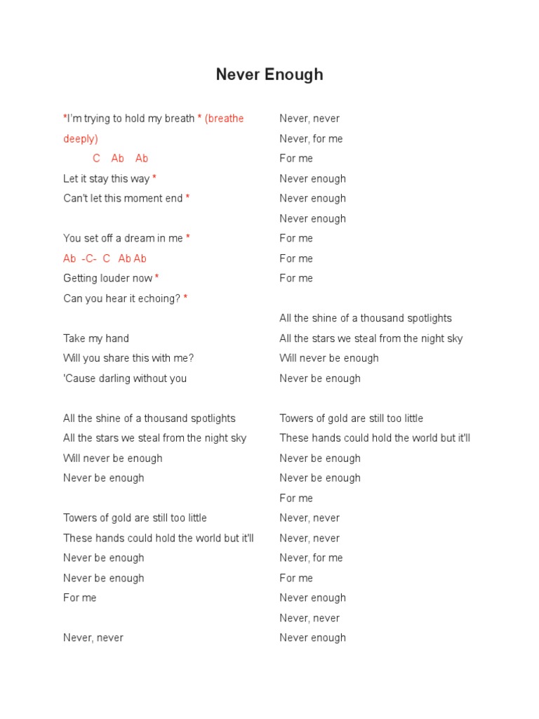 Never Enough Male Version Lyrics
