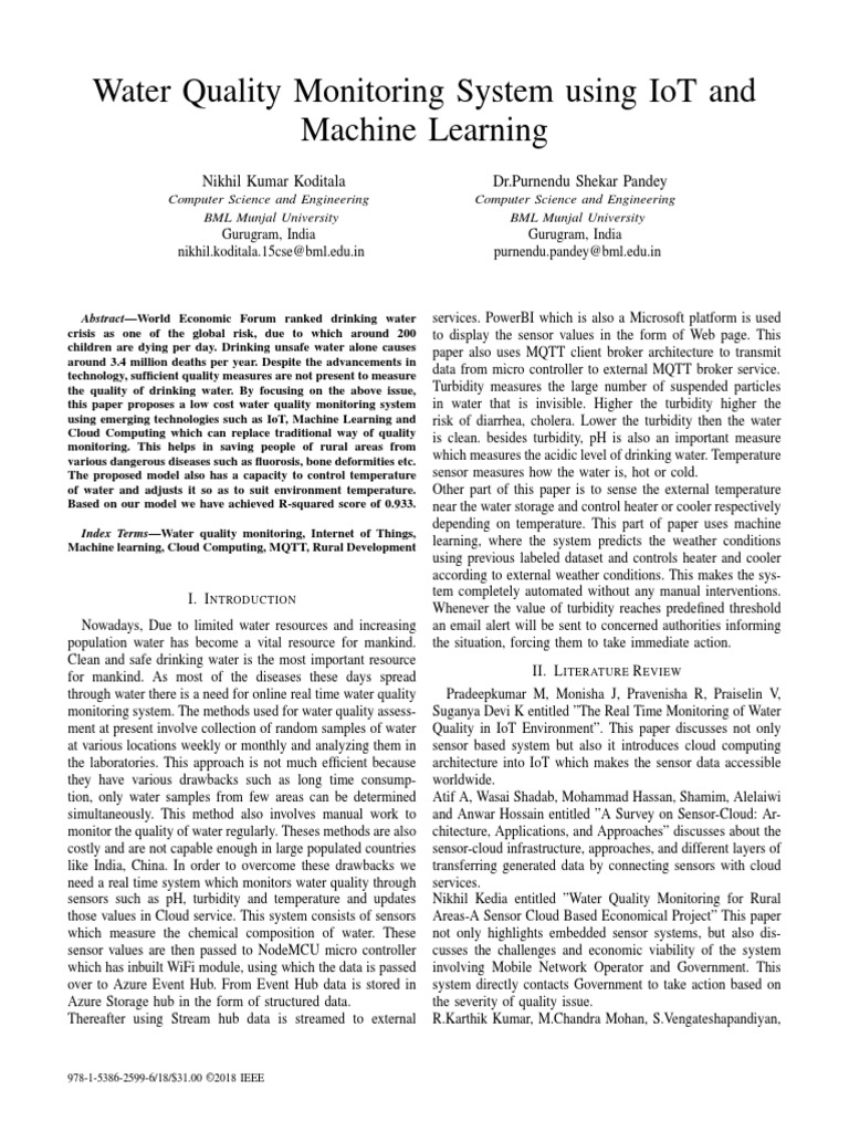 Water Quality Monitoring System Using IoT and Machine Learning | PDF ...