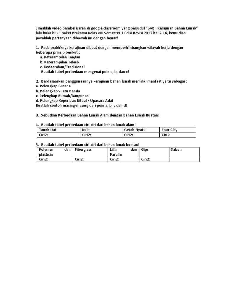 Lkpd Bab 1 Kerajinan Bahan Lunak Prakarya Kelas 8 Pdf