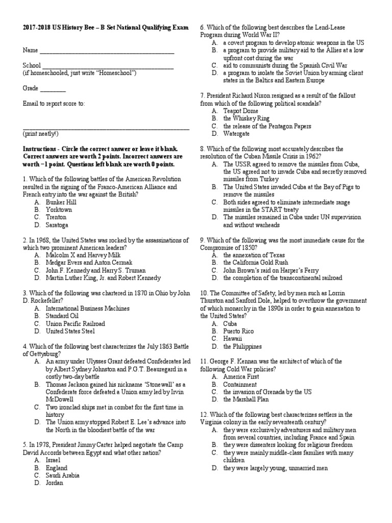 20172018 US History Bee B Set National Qualifying Exam PDF The