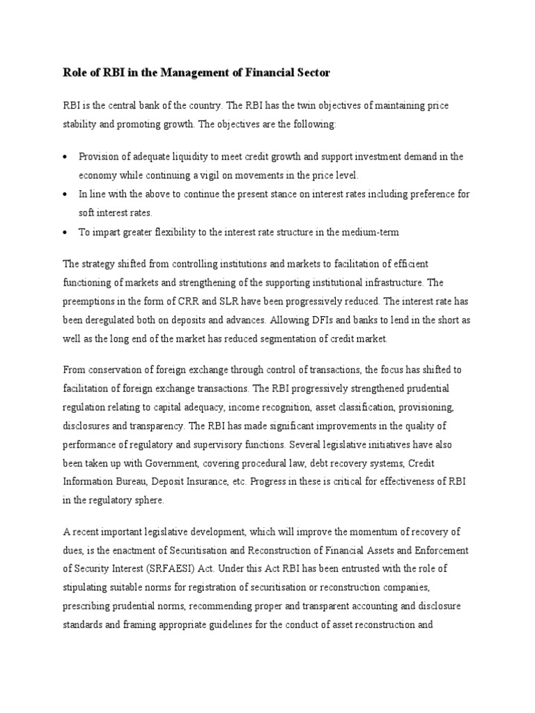 Role of RBI in The Management of Financial Sector | PDF | Reserve Bank ...