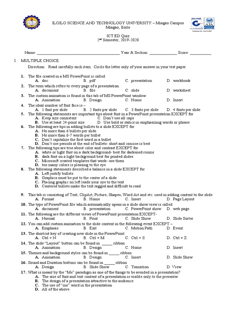 ICT Quiz for PowerPoint Skills | PDF | Page Layout | Microsoft Power Point
