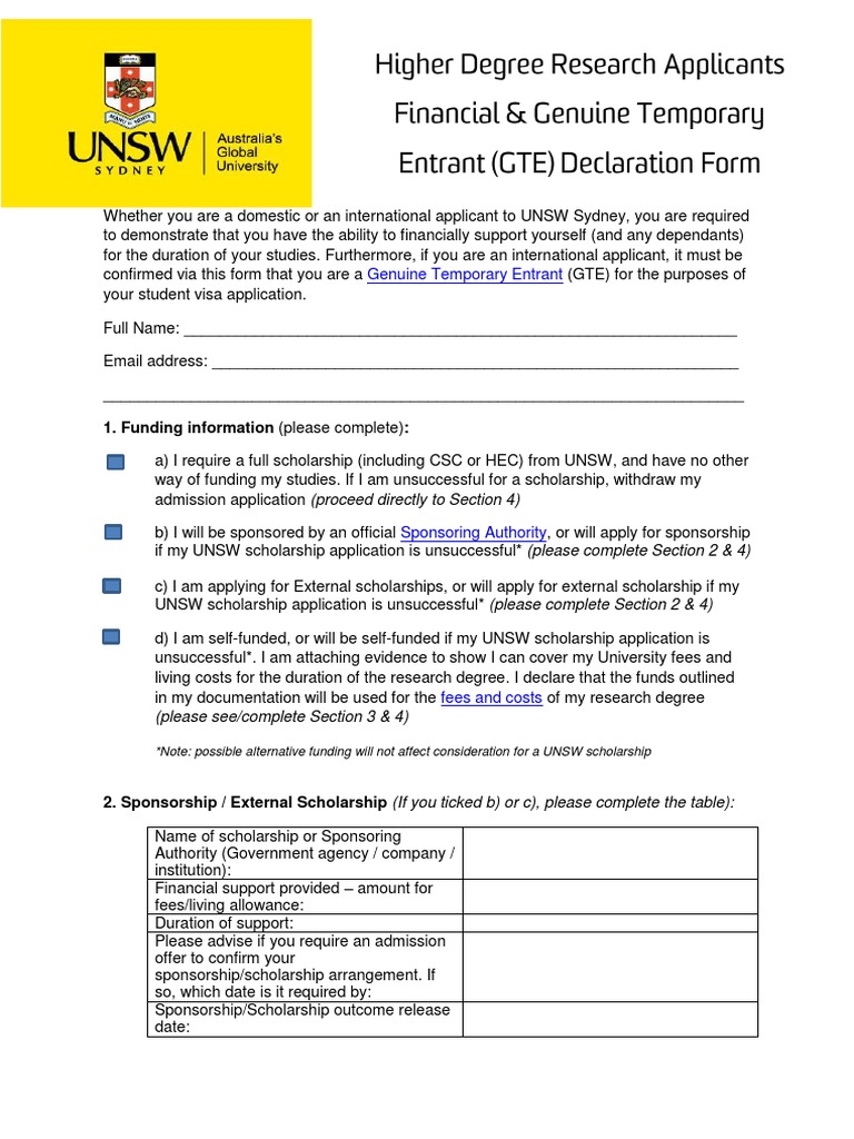 UNSW Financial Support Declaration Form | PDF | Tuition Payments ...