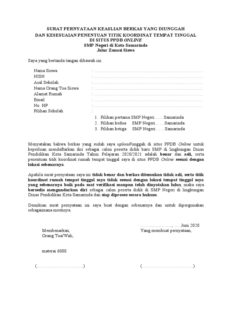 Surat Pernyataan Zonasi SMP | PDF