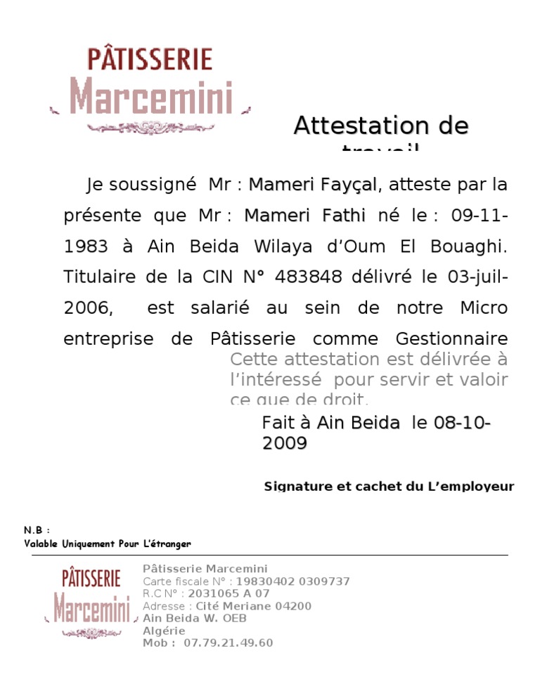 Attestation de travail