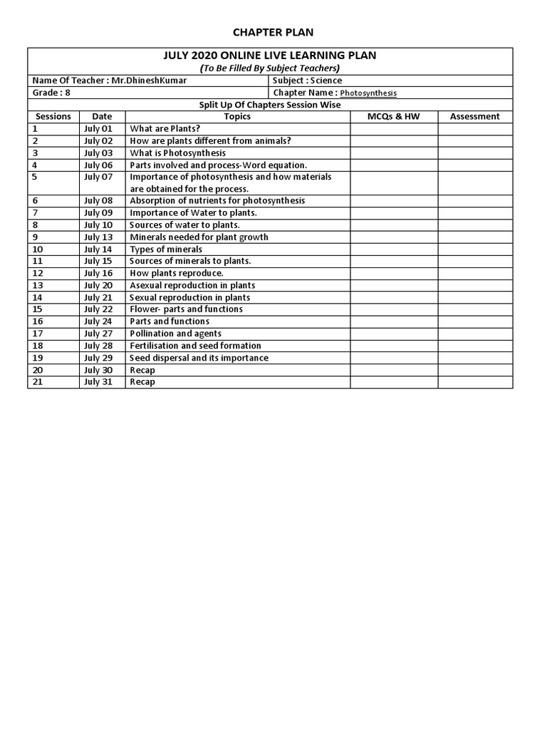 8th Grade Science: Photosynthesis Plan | PDF | Wellness | Science ...