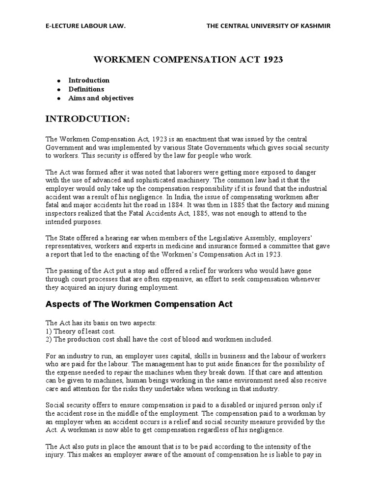 Workmen Compensation Act 1923 PDF Workers' Compensation Employment