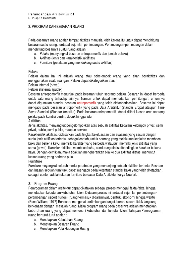 Program dan Besaran Ruang Arsitektur | PDF