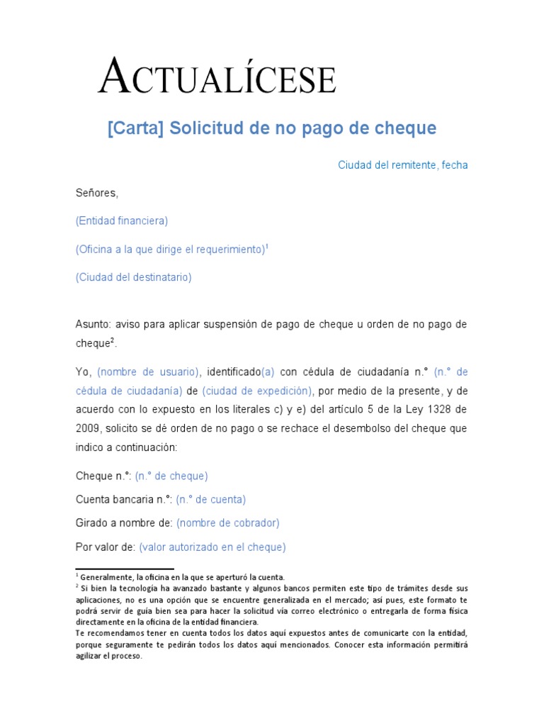 VA20 Carta Orden de No Pago Cheque | PDF