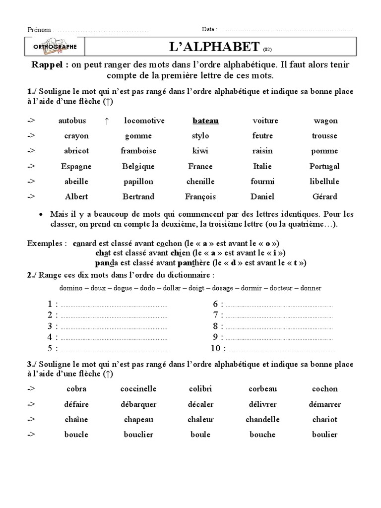 Lordre Alphabétique Ce2 Exercices Pdf Classement Alphabétique | PDF
