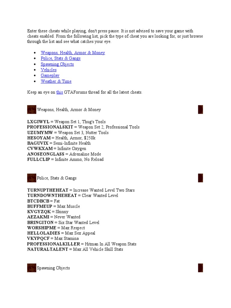 GTA San Andreas Cheat | PDF