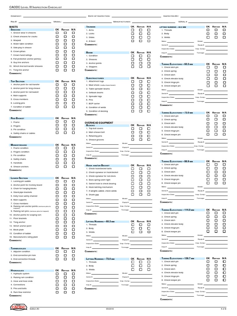 CAODC Level III Inspection Checklist | PDF | Anchor | Screw