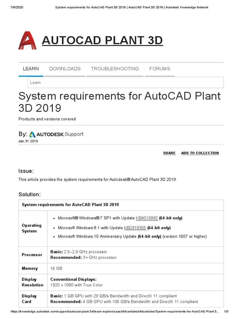 System Requirements For AutoCAD Plant 3D 2019 AutoCAD Plant 3D 2019