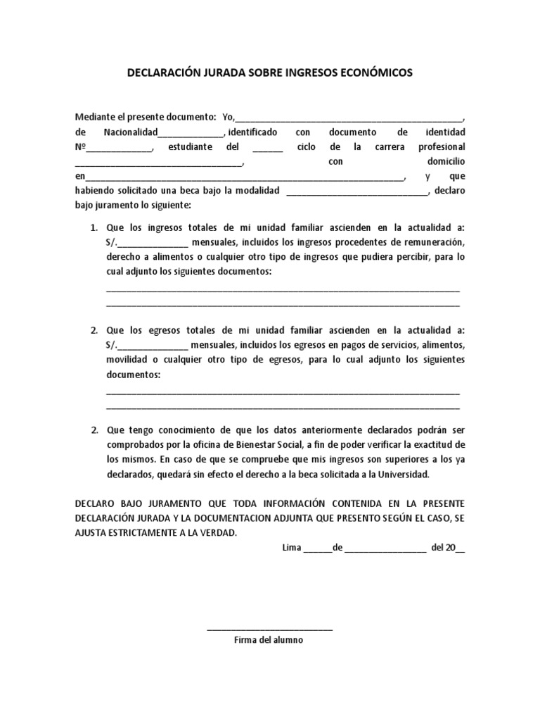 Declaración Jurada de Ingresos Económicos | PDF | Finanzas y dinero