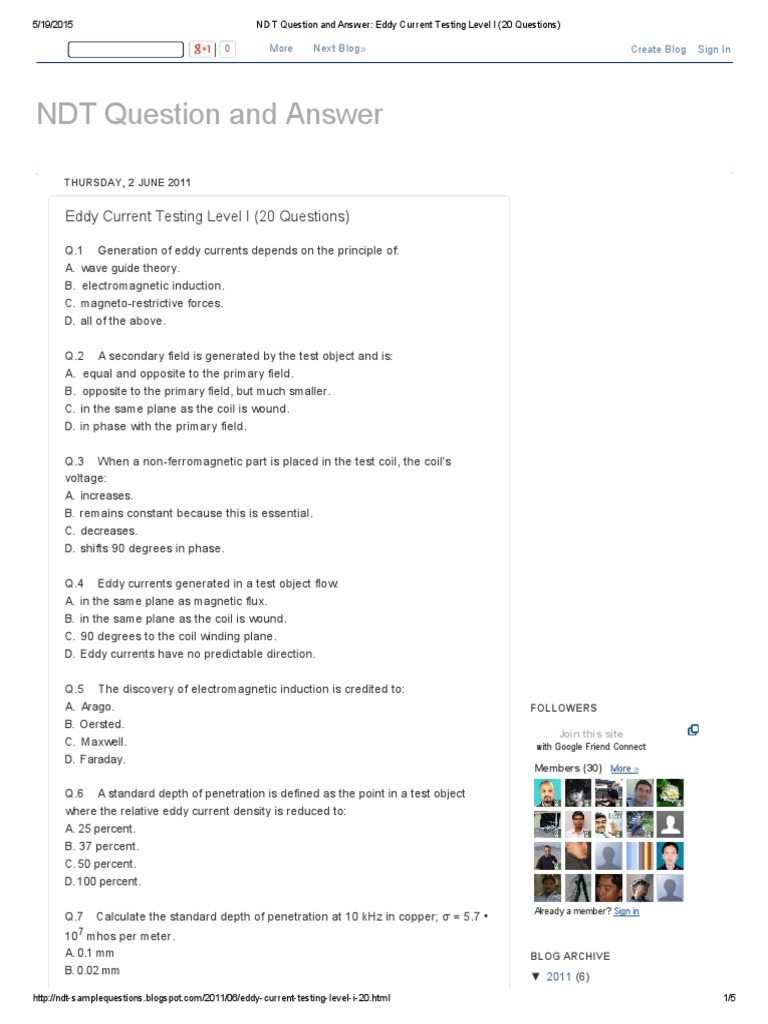 20 Practice Questions on Eddy Current Testing Level I with Answers