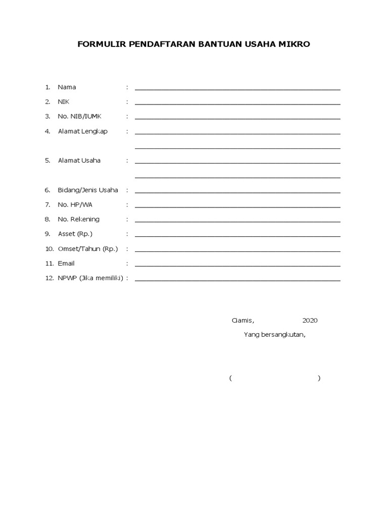Formulir Pendaftaran Bantuan Usaha Mikro Docx